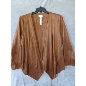 Chicos Sz 3 XL Tan Faux Suede Open Front Waterfall Cardigan Jacket Boho Western